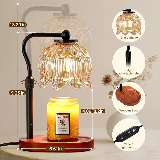 Candle Warmer Lamp with Timer & Stepless Dimming, Height Adjustable Electric Wax Warmer for Jar Candles, Flower Wax Melter