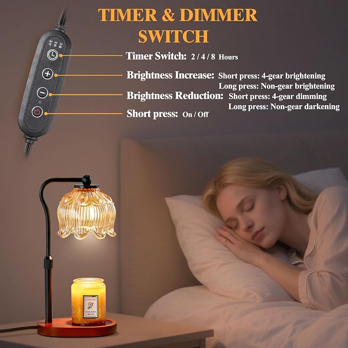 Candle Warmer Lamp with Timer & Stepless Dimming, Height Adjustable Electric Wax Warmer for Jar Candles, Flower Wax Melter