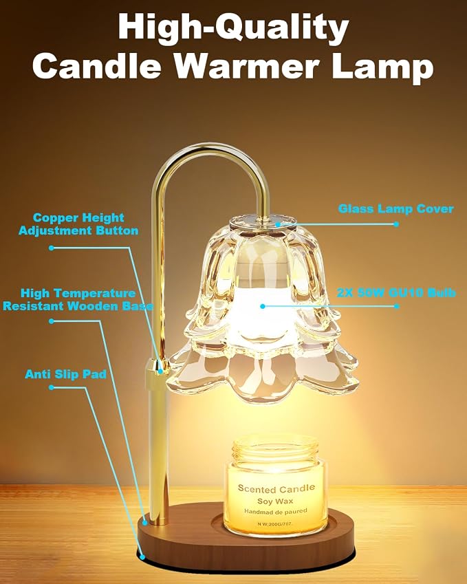 Upgraded Dimmable Wax Melts Warmer for Jar Candles, Height Adjustable Candle Lamp, Birthday