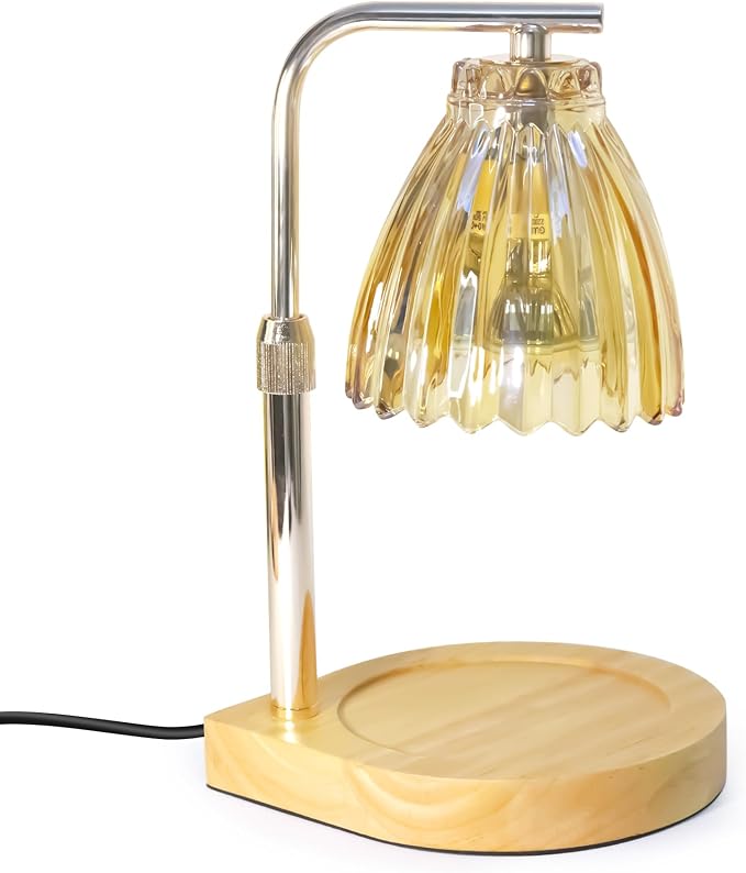 Candle Warmer Lamp with Timer, Wood Base Dimmable Wax Melting Lamp, Pleated Skirt Fragrance Warmer with 2 Bulbs, Ideal for