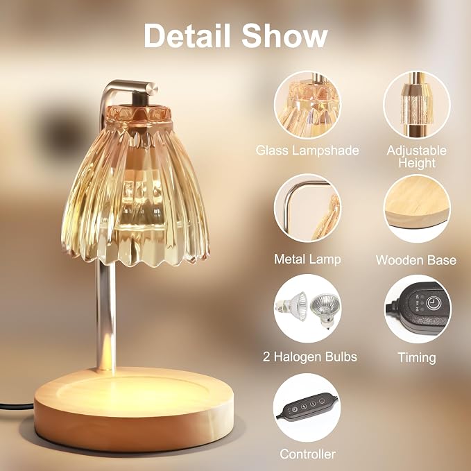 Candle Warmer Lamp with Timer, Wood Base Dimmable Wax Melting Lamp, Pleated Skirt Fragrance Warmer with 2 Bulbs, Ideal for