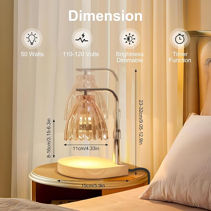 Candle Warmer Lamp with Timer, Wood Base Dimmable Wax Melting Lamp, Pleated Skirt Fragrance Warmer with 2 Bulbs, Ideal for
