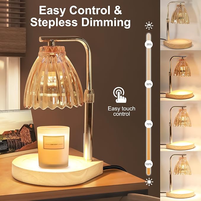 Candle Warmer Lamp with Timer, Wood Base Dimmable Wax Melting Lamp, Pleated Skirt Fragrance Warmer with 2 Bulbs, Ideal for