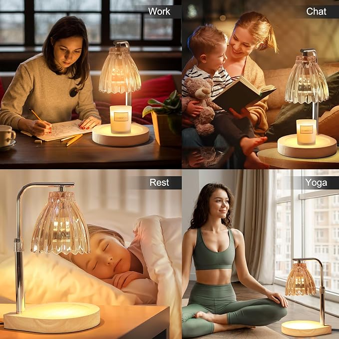 Candle Warmer Lamp with Timer, Wood Base Dimmable Wax Melting Lamp, Pleated Skirt Fragrance Warmer with 2 Bulbs, Ideal for
