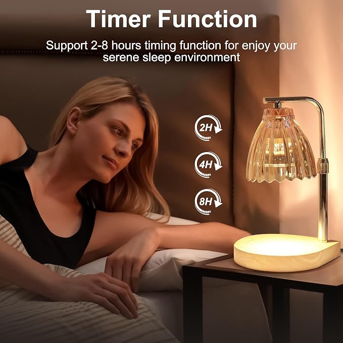 Candle Warmer Lamp with Timer, Wood Base Dimmable Wax Melting Lamp, Pleated Skirt Fragrance Warmer with 2 Bulbs, Ideal for