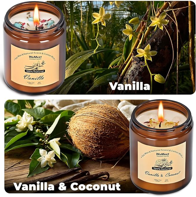 Candles for Home Scented 2 Pack, Vanilla Scented Candle with Dried Flowers, Coconut Vanilla Soy Candles with Crystals