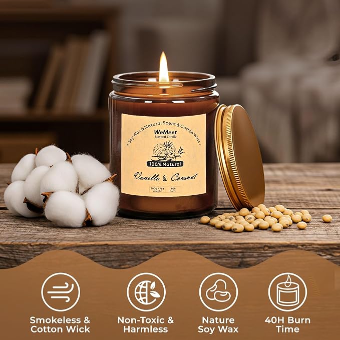 Candles for Home Scented 2 Pack, Vanilla Scented Candle with Dried Flowers, Coconut Vanilla Soy Candles with Crystals