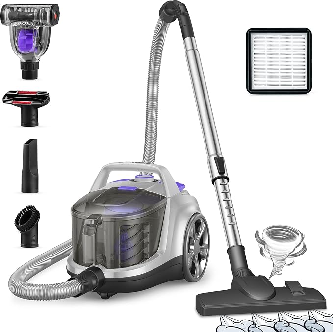 Canister Vacuum Cleaner, 40Kpa Bagless Vacuum Cleaners, 4QT Large Dust Cup, Double HEPA Filter, Retractable Cord, 1600W
