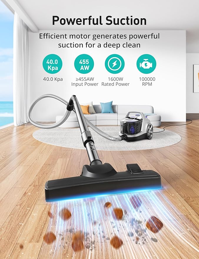 Canister Vacuum Cleaner, 40Kpa Bagless Vacuum Cleaners, 4QT Large Dust Cup, Double HEPA Filter, Retractable Cord, 1600W