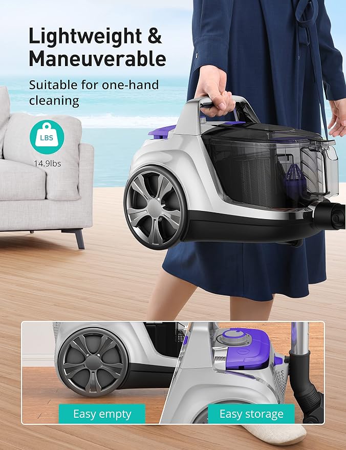 Canister Vacuum Cleaner, 40Kpa Bagless Vacuum Cleaners, 4QT Large Dust Cup, Double HEPA Filter, Retractable Cord, 1600W