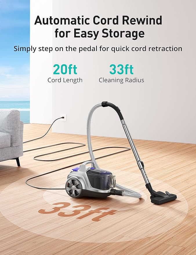 Canister Vacuum Cleaner, 40Kpa Bagless Vacuum Cleaners, 4QT Large Dust Cup, Double HEPA Filter, Retractable, alternate view 5