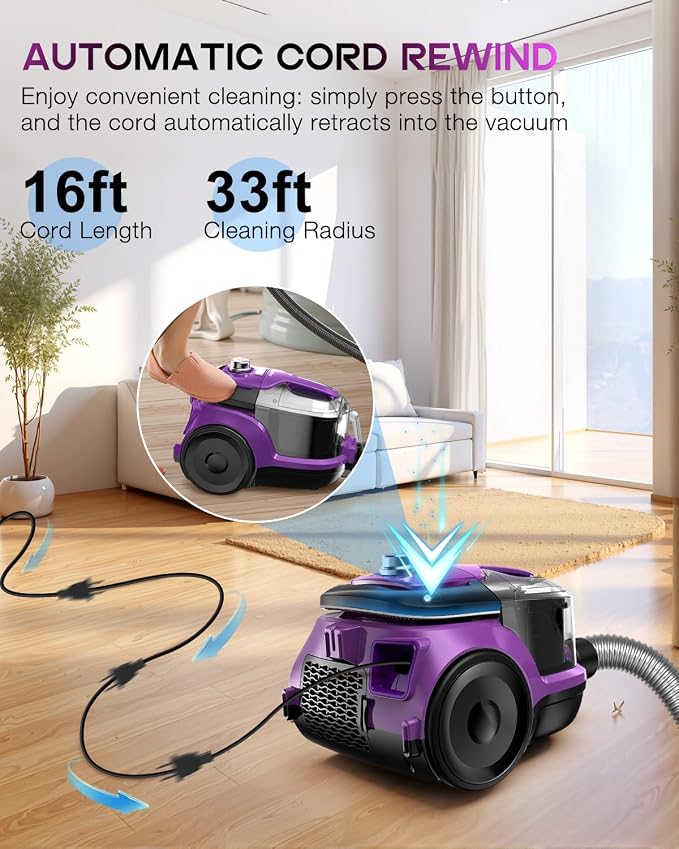 Canister Vacuum Cleaner, Bagless Canister Vacuum for Home, Powerful Suction, Auto Cord Rewind, HEPA Filter, alternate product
