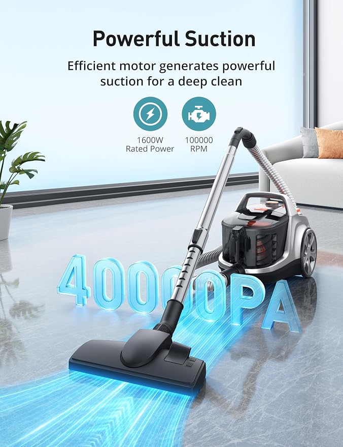 Canister Vacuum, Upgraded 1600W Bagless Canister Vacuum Cleaner, Auto Cord Rewind, H13 HEPA Filter, 4Qt Large Capacity, 5