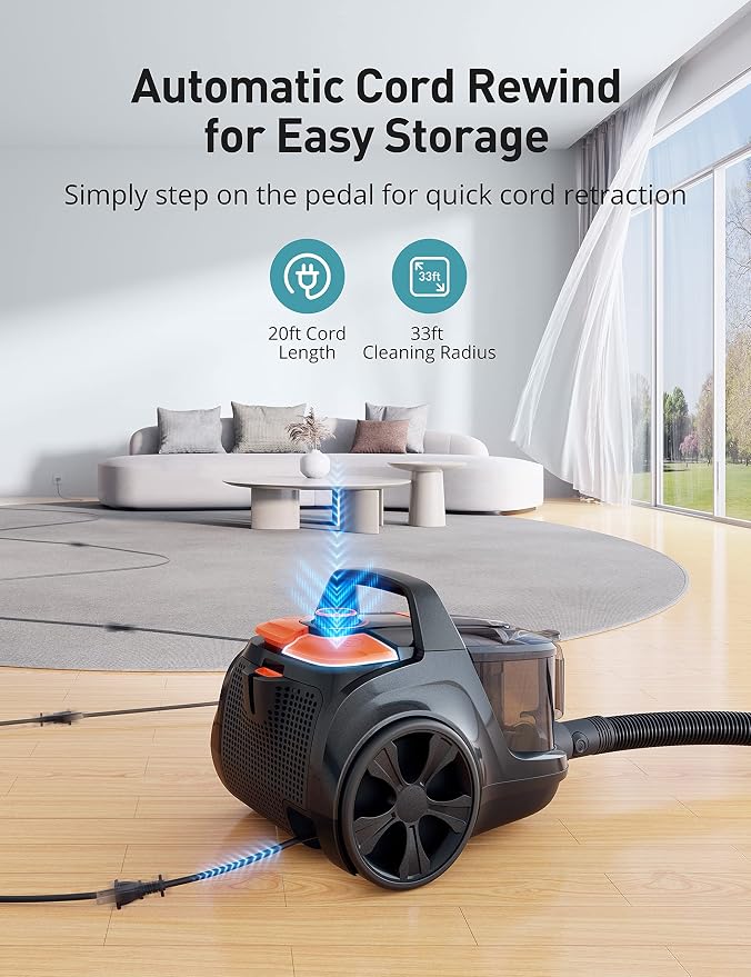 Canister Vacuum, Upgraded 1600W Bagless Canister Vacuum Cleaner, Auto Cord Rewind, H13 HEPA Filter, 4Qt Large Capacity, 5