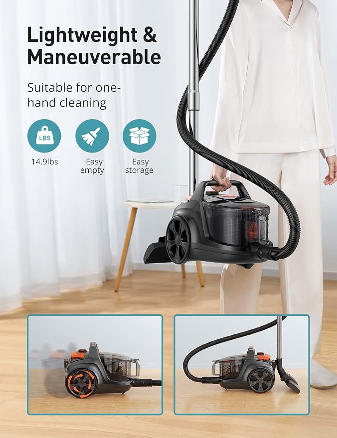 Canister Vacuum, Upgraded 1600W Bagless Canister Vacuum Cleaner, Auto Cord Rewind, H13 HEPA Filter, 4Qt Large Capacity, 5