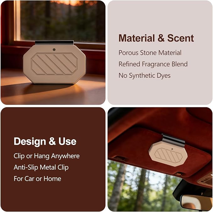 Car Air Freshener, 2-in-1 Stone Car Freshener with Visor Clip & Hanging Scent Diffuser, Natural Scent Stone Diffuser