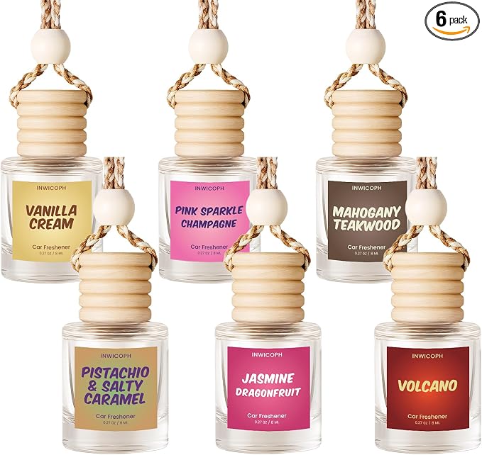 Car Air Freshener Diffuser 6 Pack Hanging Air Freshener, Vanilla Cream, Pink Sparkle Champagne, Mahogany Teakwood, product