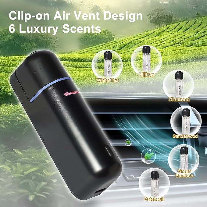 Car Air Freshener Diffuser, Motion Sensor Waterless Essential Oil Diffuser for Car USB Rechargeable Air Freshener with 6