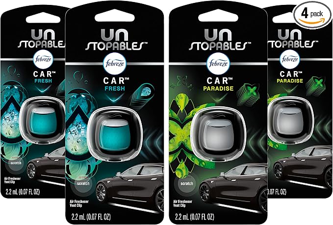 Car Air Fresheners, Unstopables Fresh & Paradise Scents, Odor Eliminator for Strong Odor, Car Vent Clips, 0.07 Fl Oz (Pack of