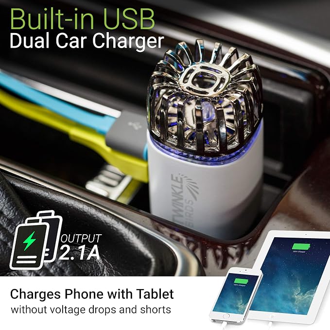 Car Air Purifier Ionizer - 12V Plug-in Ionic Anti-Microbial Car Deodorizer with Dual USB Charger - Smoke Smell, Pet and Food