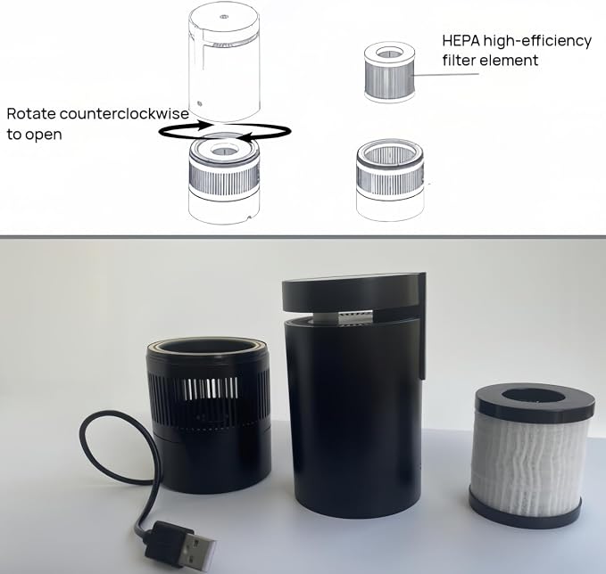 Car Air Purifier with Three-Layer HEPA Filter, Black, 7.1 Inch, USB Powered, Cup Holder Design, Compact Air Cleaner for