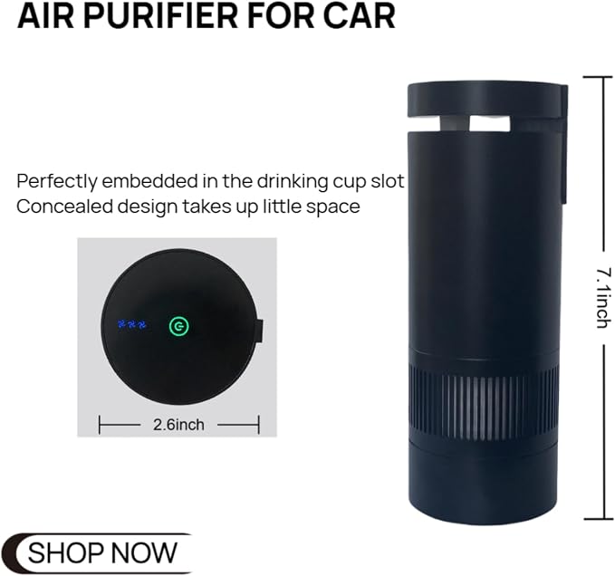 Car Air Purifier with Three-Layer HEPA Filter, Black, 7.1 Inch, USB Powered, Cup Holder Design, Compact Air Cleaner for