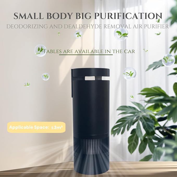 Car Air Purifier with Three-Layer HEPA Filter, Black, 7.1 Inch, USB Powered, Cup Holder Design, Compact Air Cleaner for