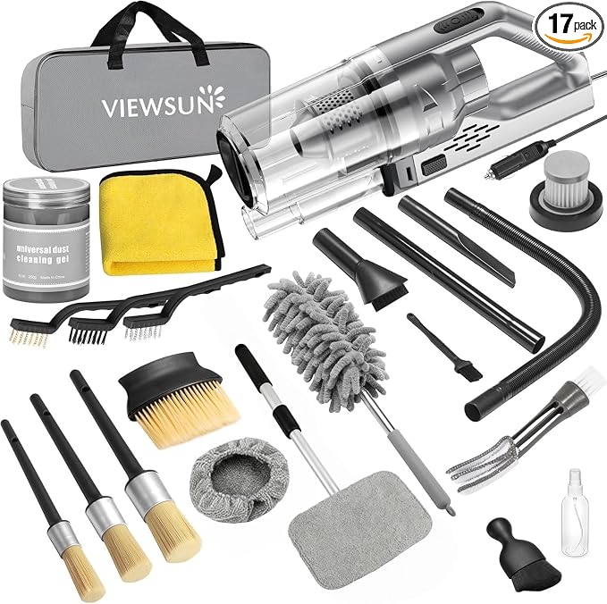 Car Cleaning Kit, 17PCS Car Interior Detailing Kit with Gray High Power Handheld Vacuum, Detailing Brush Set, Windshield