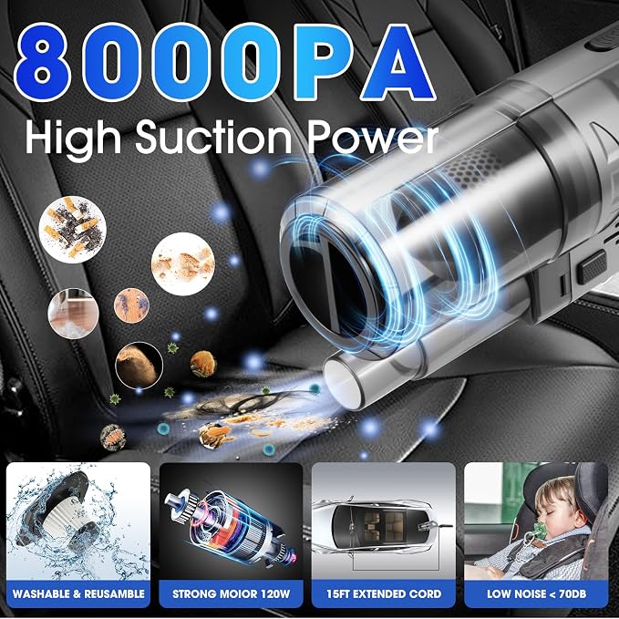 Car Cleaning Kit, 17PCS Car Interior Detailing Kit with Gray High Power Handheld Vacuum, Detailing Brush Set, Windshield