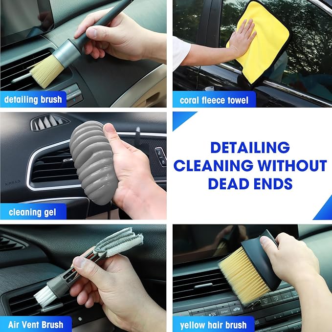 Car Cleaning Kit, 17PCS Car Interior Detailing Kit with Gray High Power Handheld Vacuum, Detailing Brush Set, Windshield
