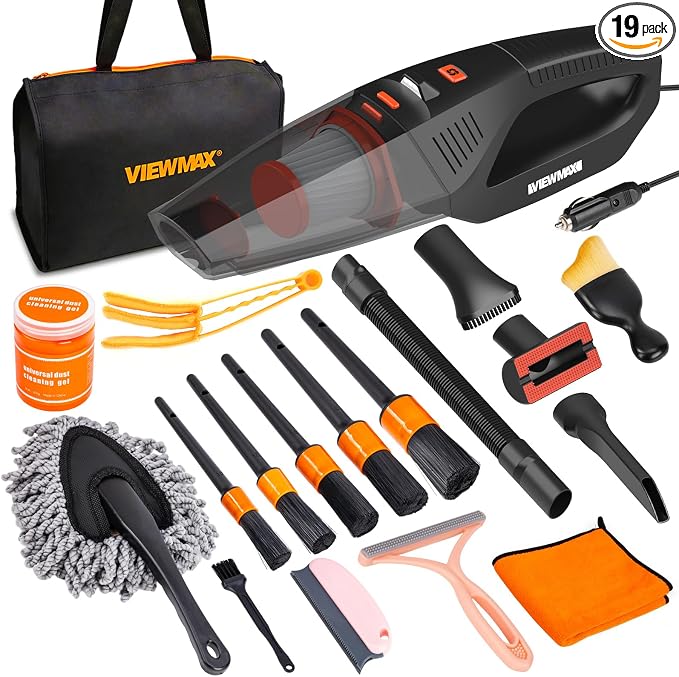 Car Cleaning Kit 19Pcs, Car Interior Detailing Kit with 12000PA High Power Handheld 12V Corded Vacuum, Detailing
