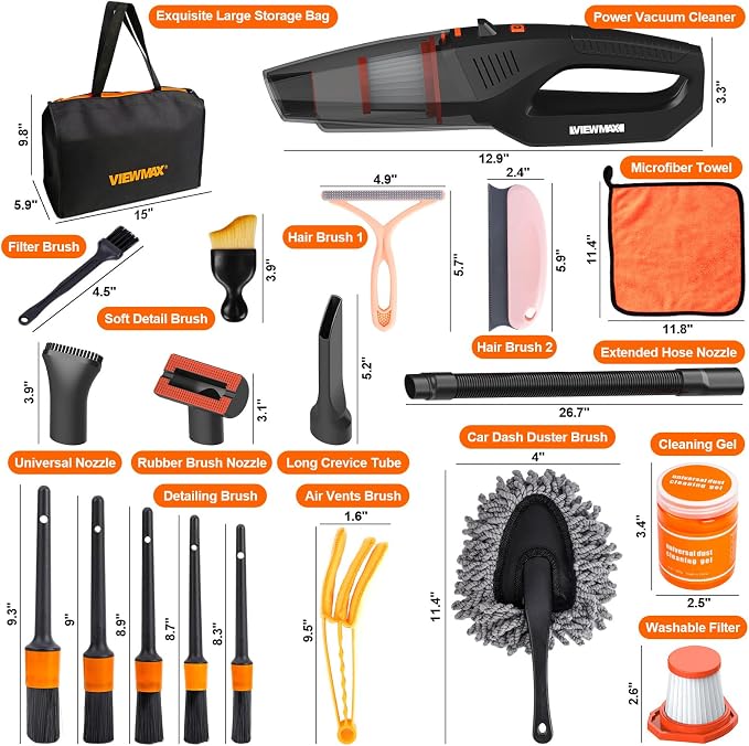 Car Cleaning Kit 19Pcs, Car Interior Detailing Kit with 12000PA High Power Handheld 12V Corded Vacuum, Detailing, alternate