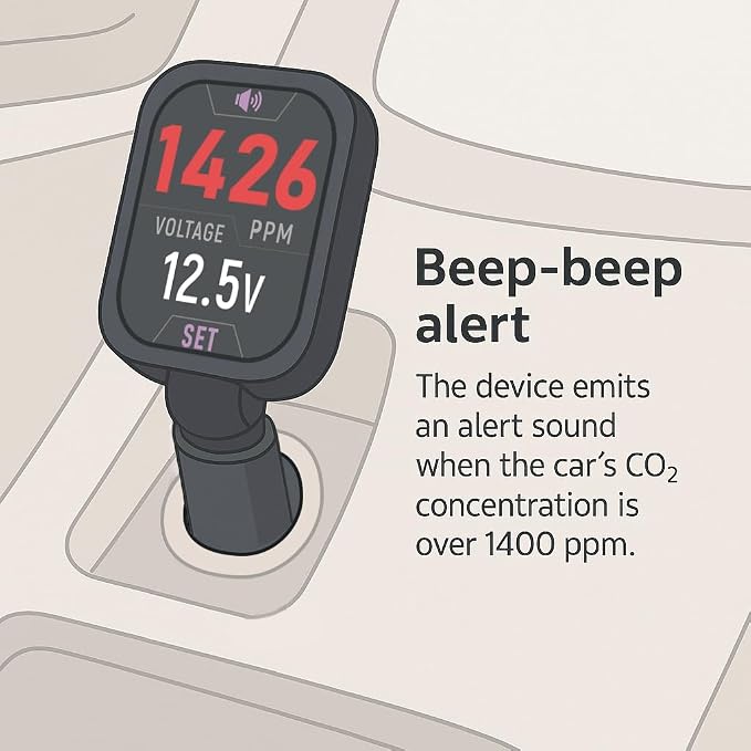 Car CO2 Monitor, Plug-in, No Battery Needed, Real-Time 10s Sampling, Rotatable Color Screen, Beep Alarm for High CO2, Fits