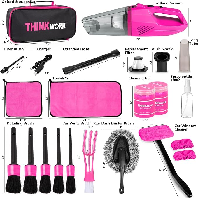 Car Detailing Kit Interior Cleaner, Car Cleaning Kit with 8000PA Cordless Pink Handheld Vacuum Cleaner, alternate product