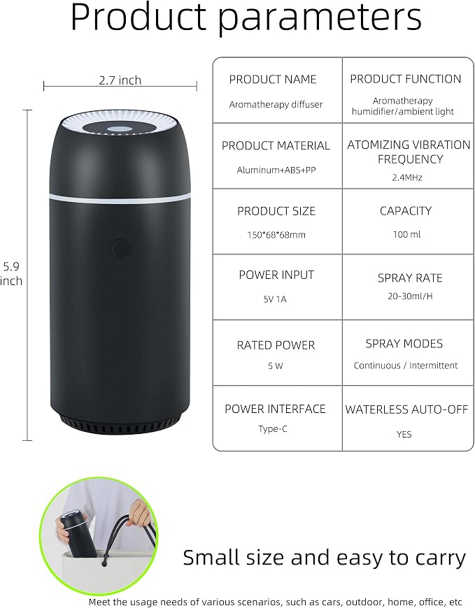 Car Diffuser for Essential Oils Portable Mini Ultrasonic Mist Humidifier 100ml USB Aromatherapy Diffuser Freshener with