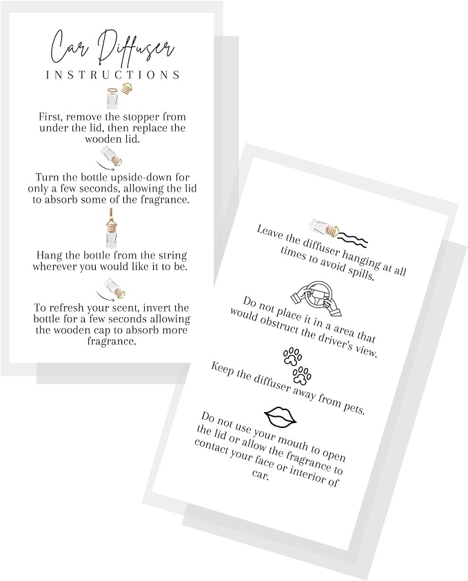 Car Diffuser Instruction Cards | Physical Printed 2" x 3.5" inches Business Card Size | Car Diffuser Supplies | White with