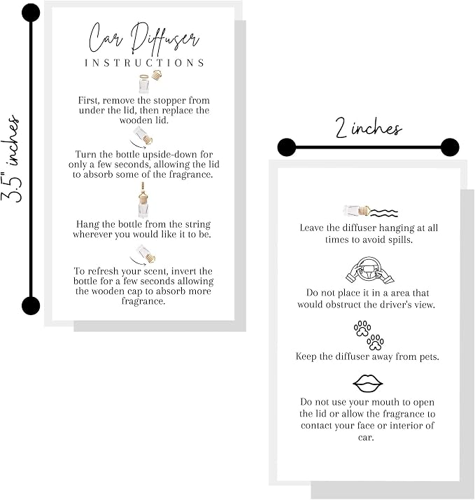 Car Diffuser Instruction Cards | Physical Printed 2" x 3.5" inches Business Card Size | Car Diffuser Supplies | White with