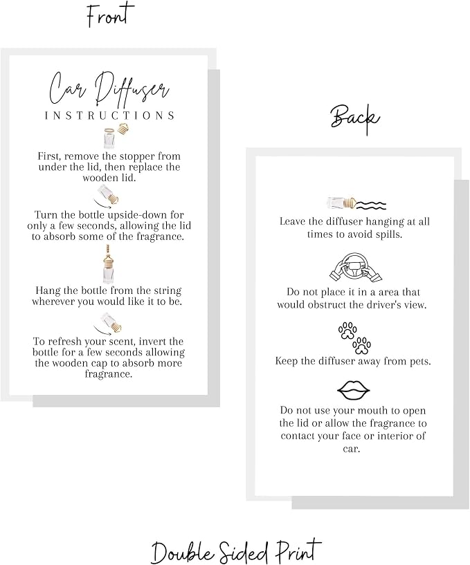 Car Diffuser Instruction Cards | Physical Printed 2" x 3.5" inches Business Card Size | Car Diffuser Supplies | White with