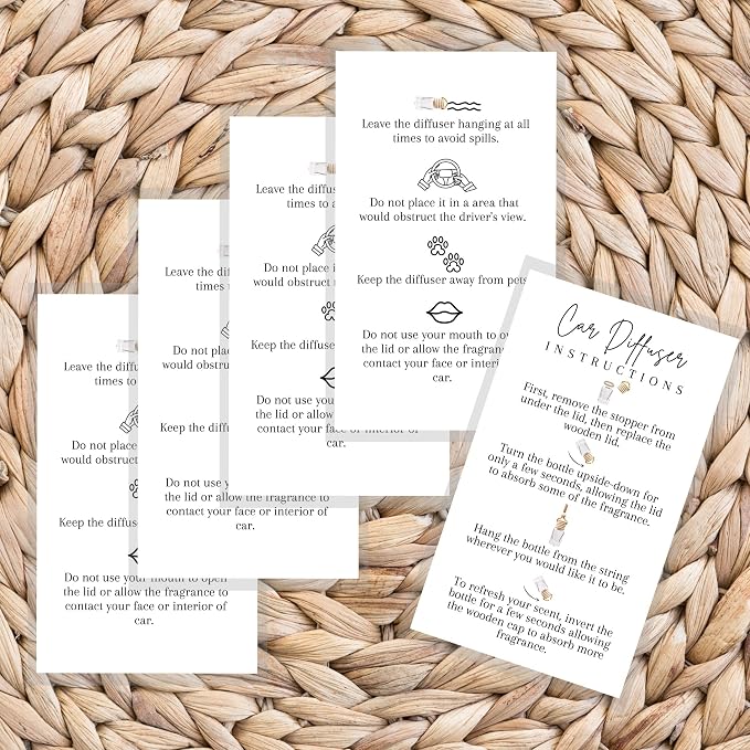 Car Diffuser Instruction Cards | Physical Printed 2" x 3.5" inches Business Card Size | Car Diffuser Supplies | White with
