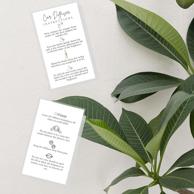 Car Diffuser Instruction Cards | Physical Printed 2" x 3.5" inches Business Card Size | Car Diffuser Supplies | White with