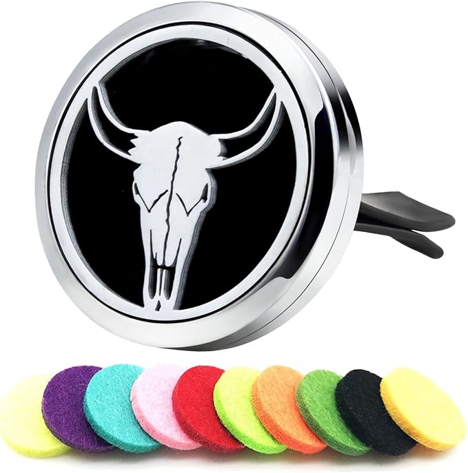 Car Essential Oil Diffuser Vent Clip Car Aromatherapy Christmas Car Accessories with 10 Refill Pads(Bull Skull), product