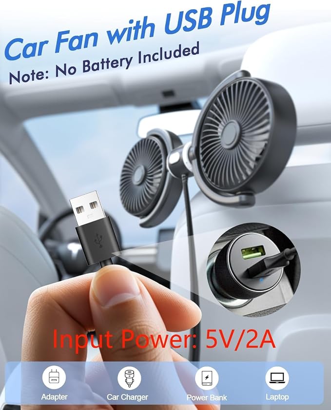 Car Fan USB Powered for Baby: Dual Car Cooling Fans for Backseat 3 Speed Separate Controlled Quiet Brushless Motor 360°
