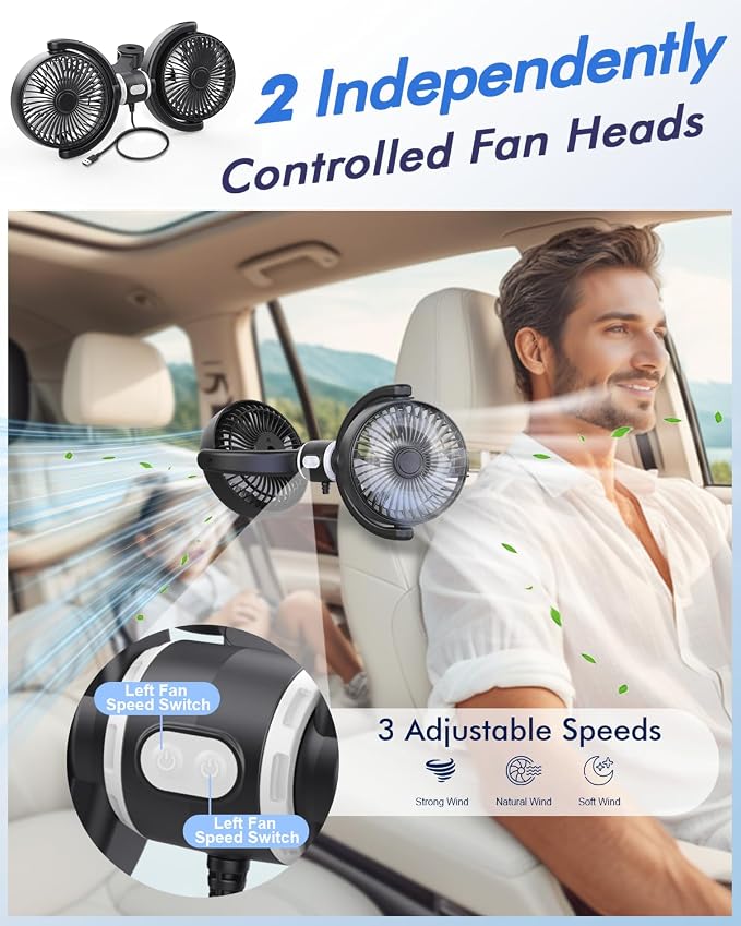 Car Fan USB Powered for Baby: Dual Car Cooling Fans for Backseat 3 Speed Separate Controlled Quiet Brushless Motor 360°