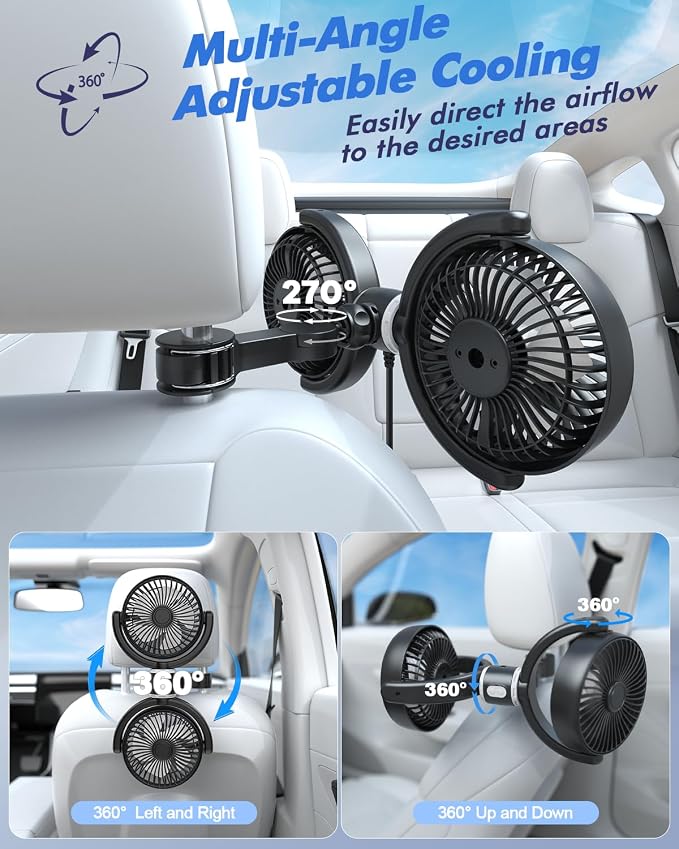 Car Fan USB Powered for Baby: Dual Car Cooling Fans for Backseat 3 Speed Separate Controlled Quiet Brushless Motor 360°