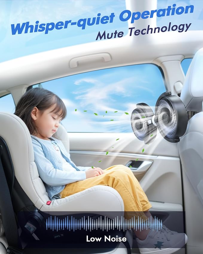 Car Fan USB Powered for Baby: Dual Car Cooling Fans for Backseat 3 Speed Separate Controlled Quiet Brushless Motor 360°