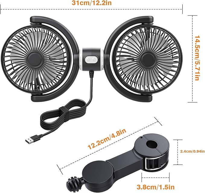 Car Fan USB Powered for Baby: Dual Car Cooling Fans for Backseat 3 Speed Separate Controlled Quiet Brushless Motor 360°