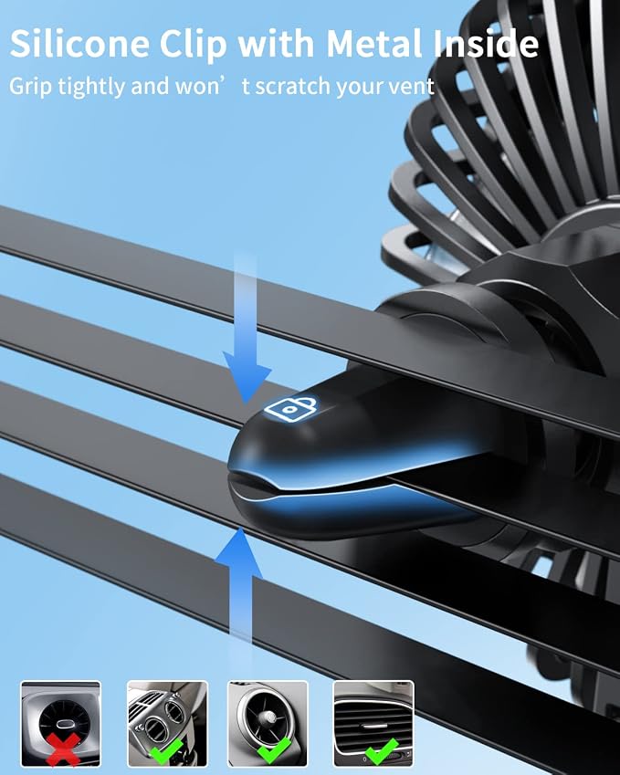 Car Fan USB Powered - Powerful 3 Speed, Portable Cooling Clip Fan for Car Vent, Quiet Brushless Motor, 360 Degree Rotatable