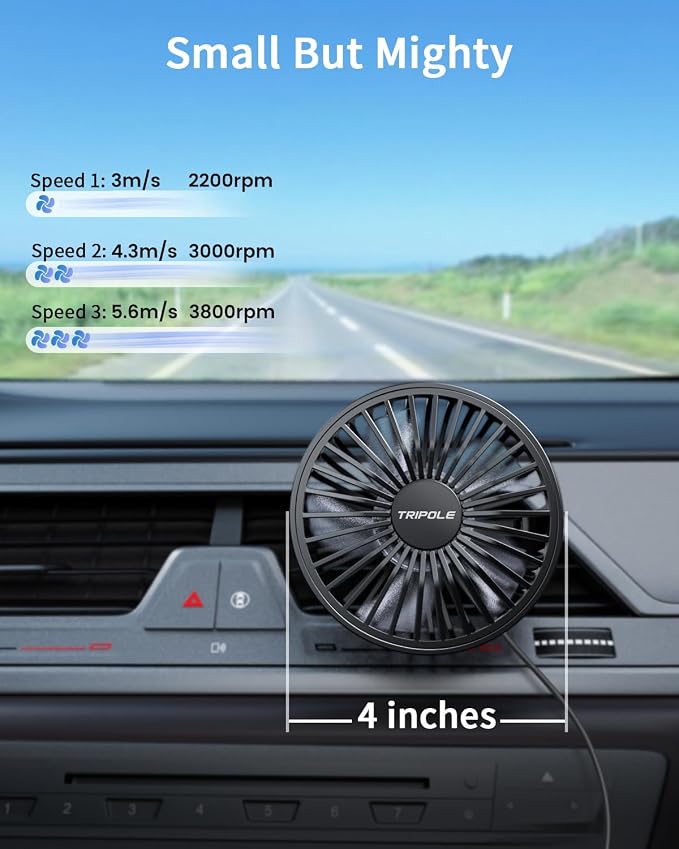 Car Fan USB Powered - Powerful 3 Speed, Portable Cooling Clip Fan for Car Vent, Quiet Brushless Motor, 360 Degree Rotatable