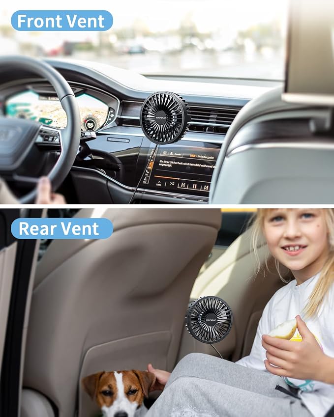 Car Fan USB Powered - Powerful 3 Speed, Portable Cooling Clip Fan for Car Vent, Quiet Brushless Motor, 360 Degree Rotatable