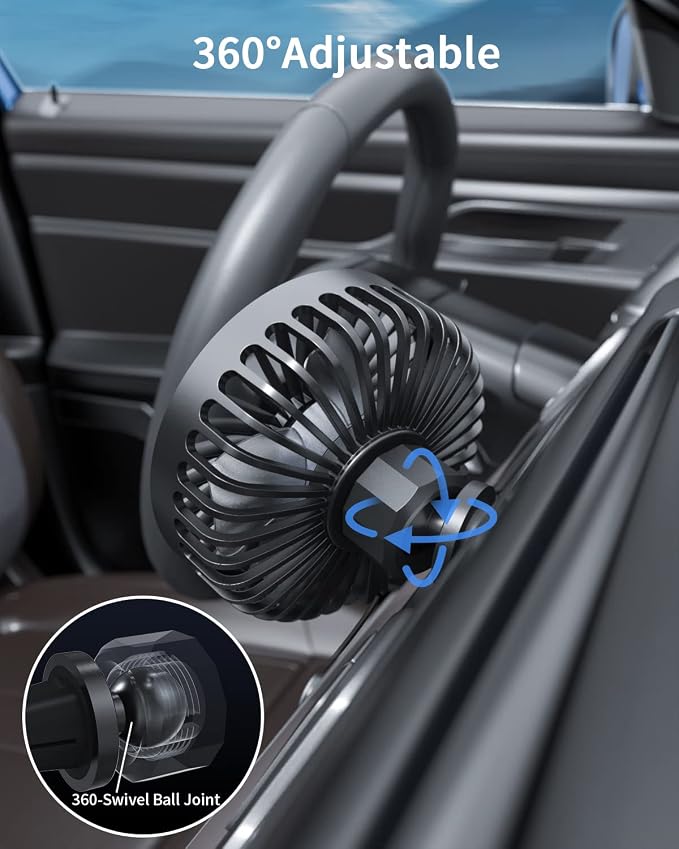 Car Fan USB Powered - Powerful 3 Speed, Portable Cooling Clip Fan for Car Vent, Quiet Brushless Motor, 360 Degree Rotatable